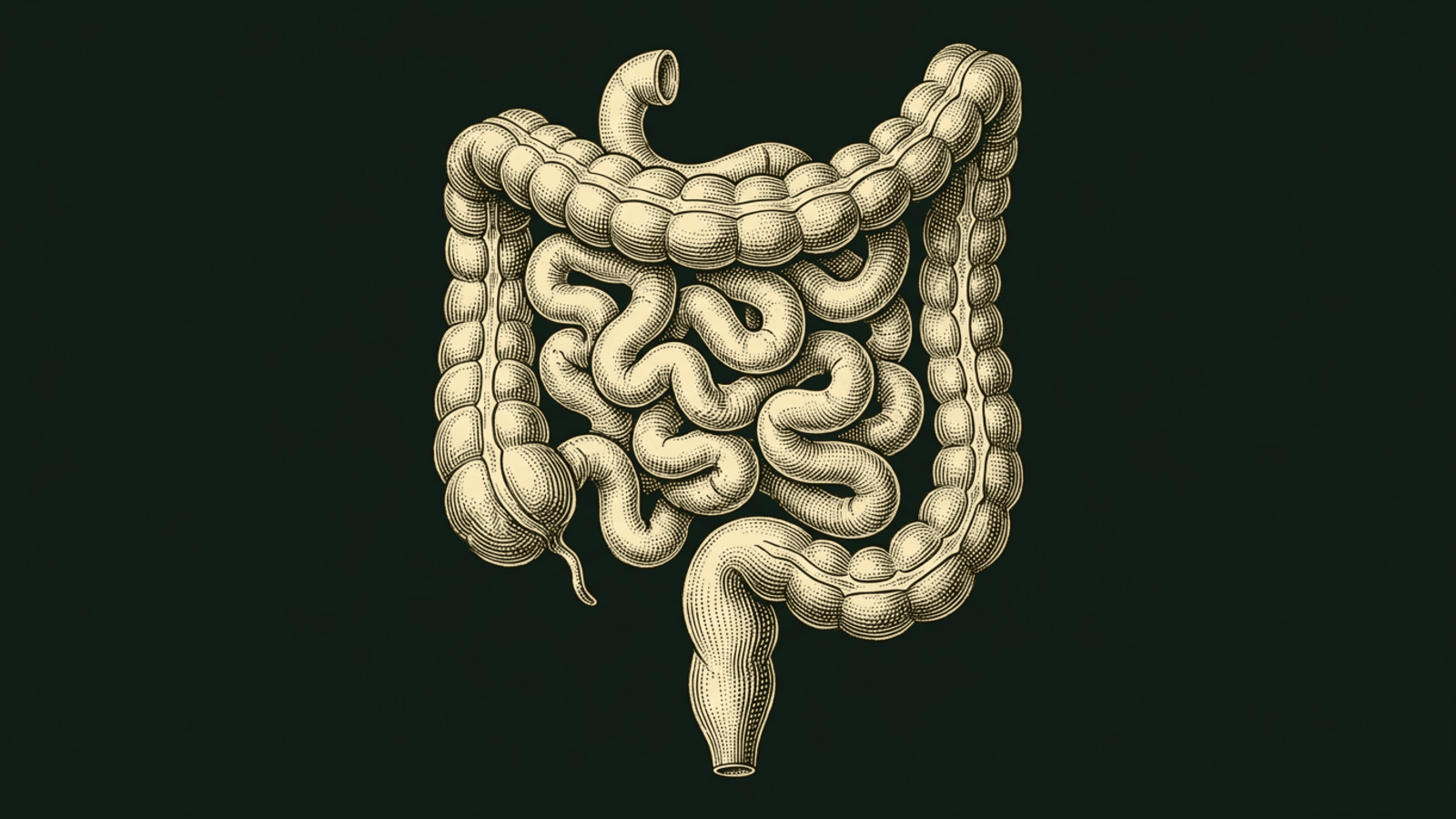 Feine anatomische Stich-Illustration des menschlichen Darms im Stil eines historischen Anatomie-Atlas